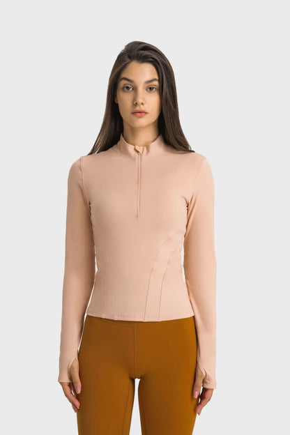 Half Zip Thumbhole Sleeve Top - SKIP - She Keeps It Peachy