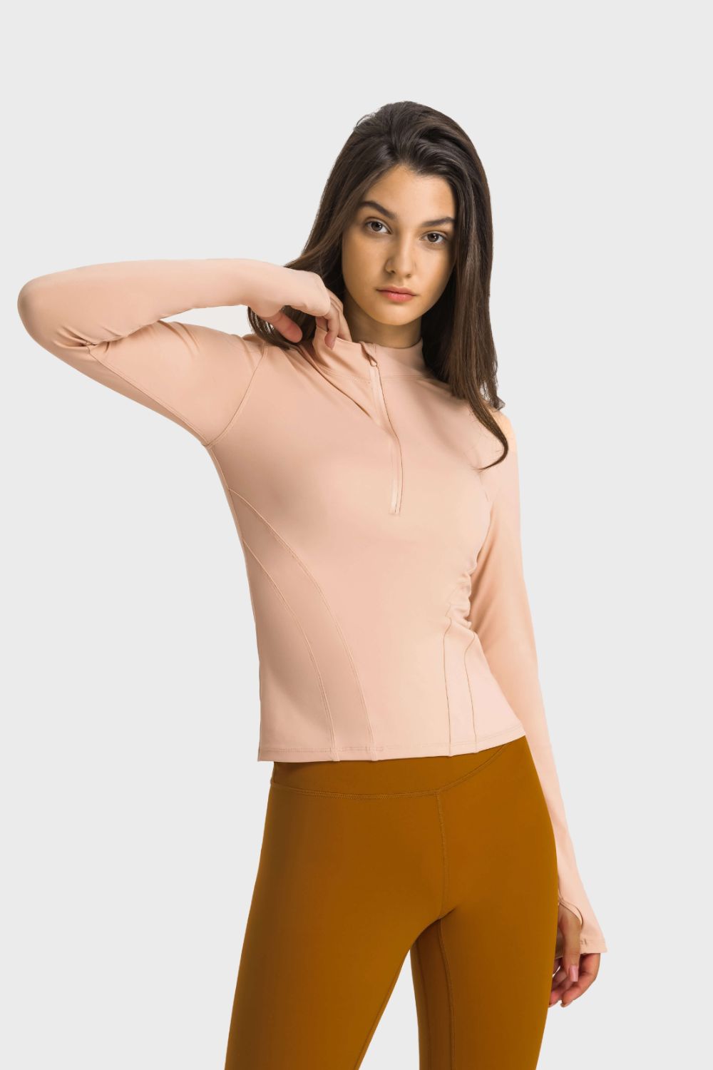 Half Zip Thumbhole Sleeve Top - SKIP - She Keeps It Peachy