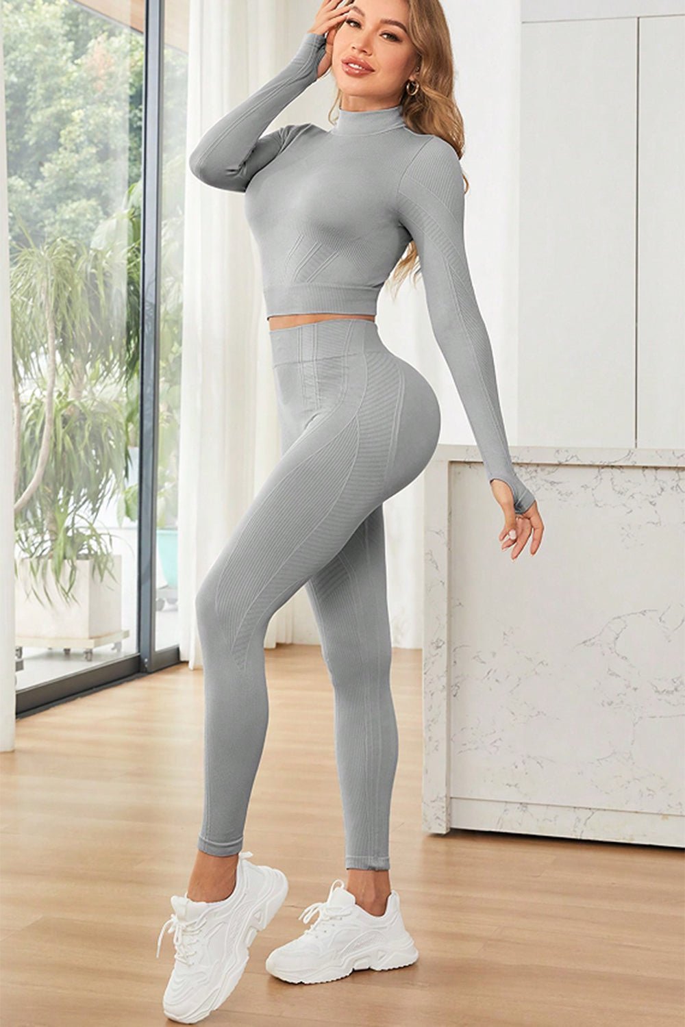 Mock Neck Long Sleeve Top and Leggings Set - SKIP - She Keeps It Peachy