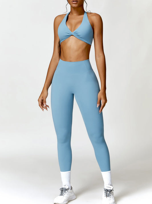 Twisted Halter Sports Bra and High Waist Leggings Set - SKIP - She Keeps It Peachy