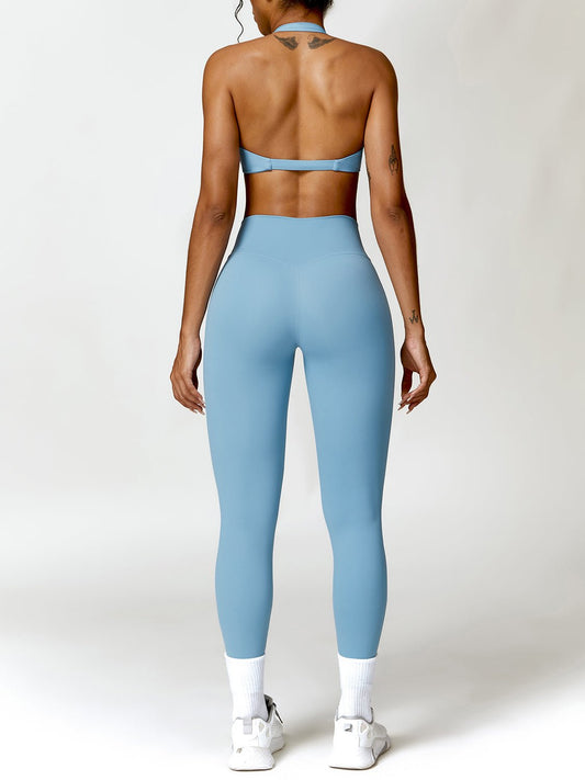 Twisted Halter Sports Bra and High Waist Leggings Set - SKIP - She Keeps It Peachy