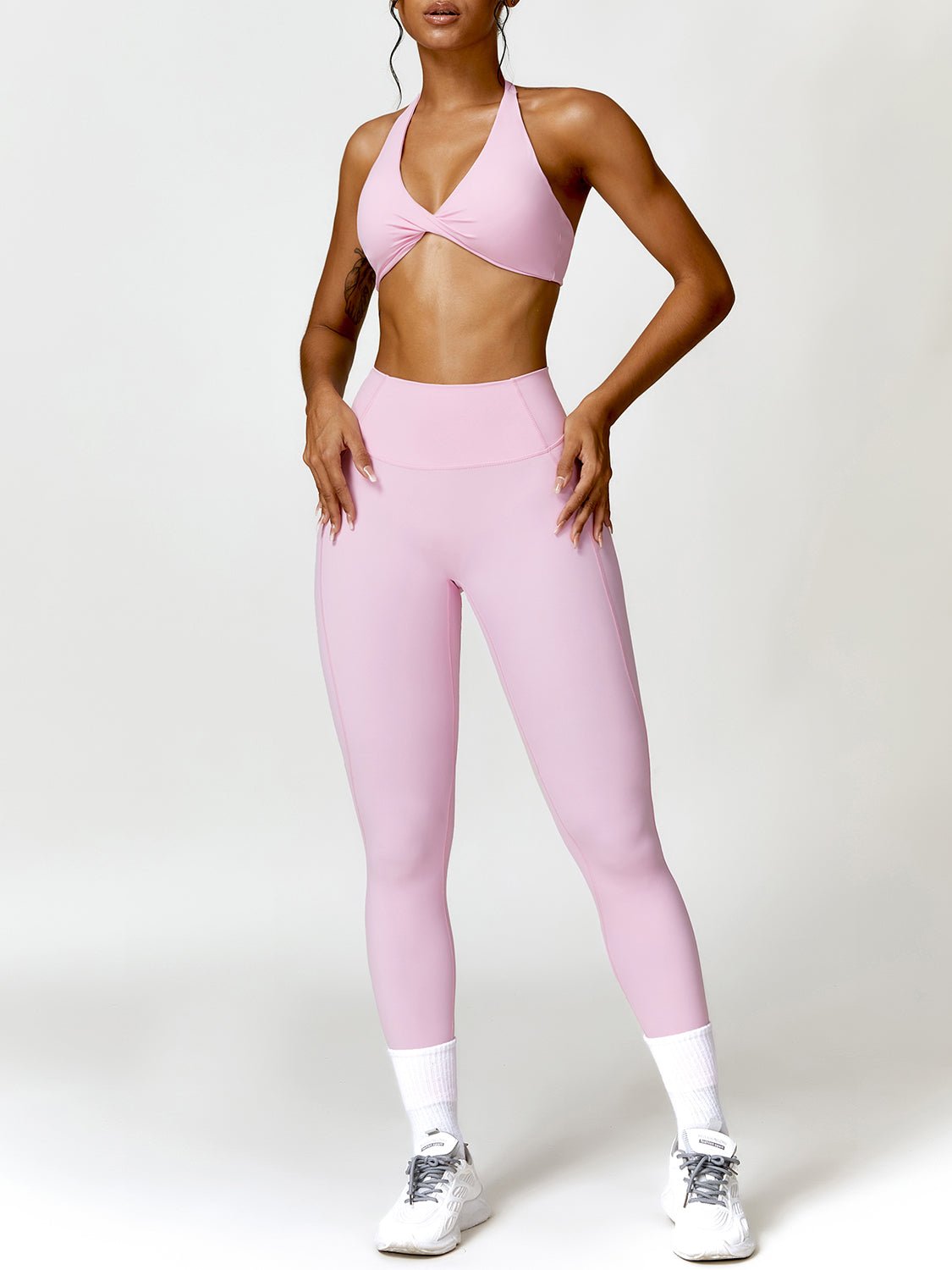 Twisted Halter Sports Bra and High Waist Leggings Set - SKIP - She Keeps It Peachy