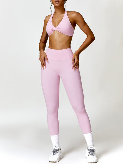Twisted Halter Sports Bra and High Waist Leggings Set - SKIP - She Keeps It Peachy