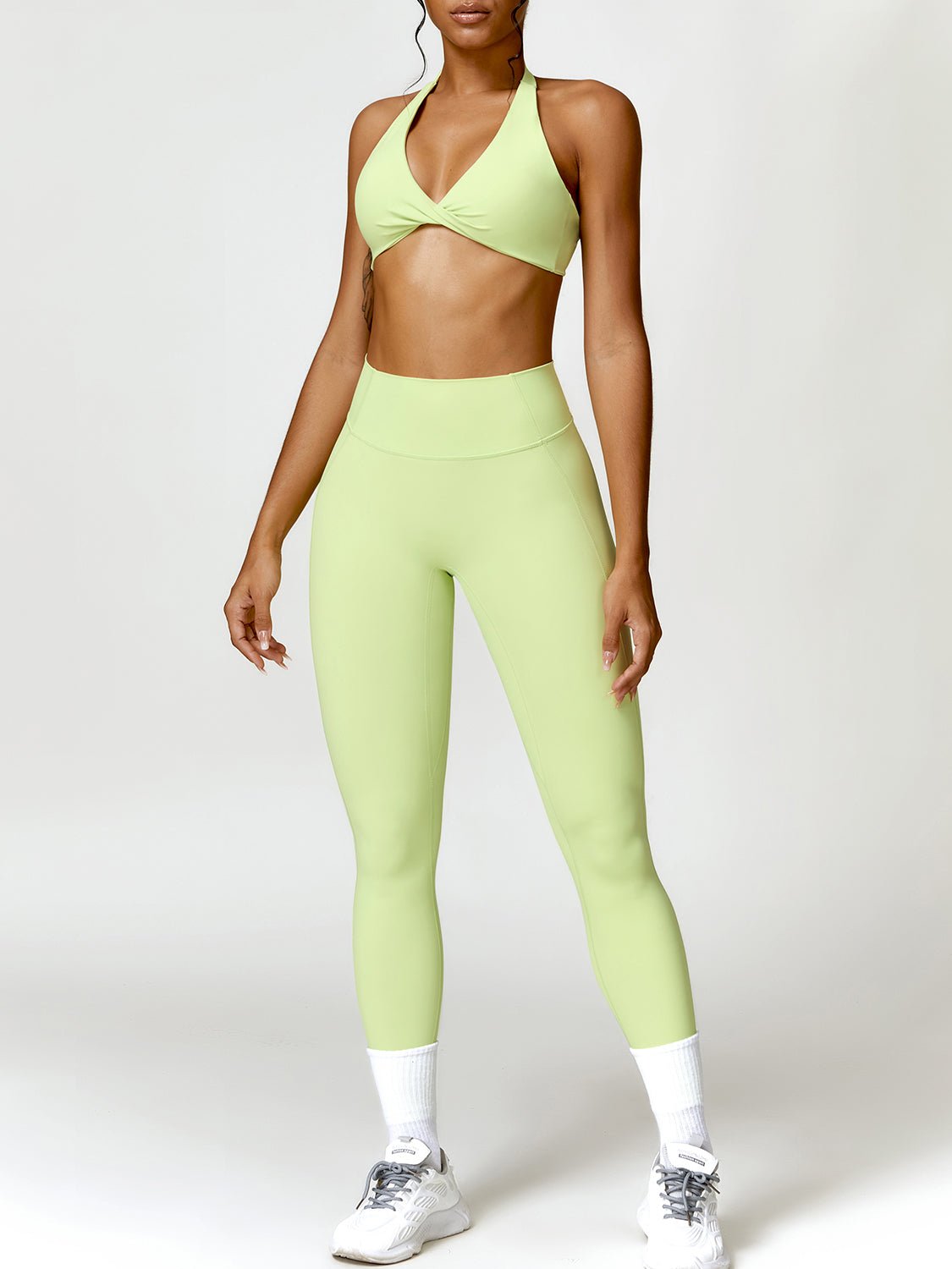Twisted Halter Sports Bra and High Waist Leggings Set - SKIP - She Keeps It Peachy