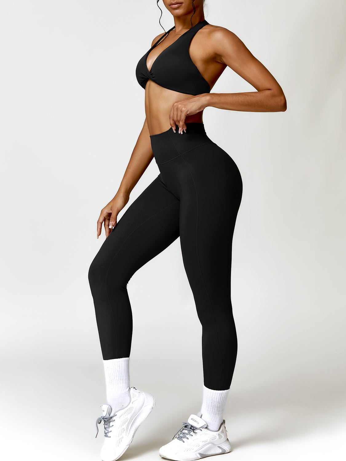 Twisted Halter Sports Bra and High Waist Leggings Set - SKIP - She Keeps It Peachy