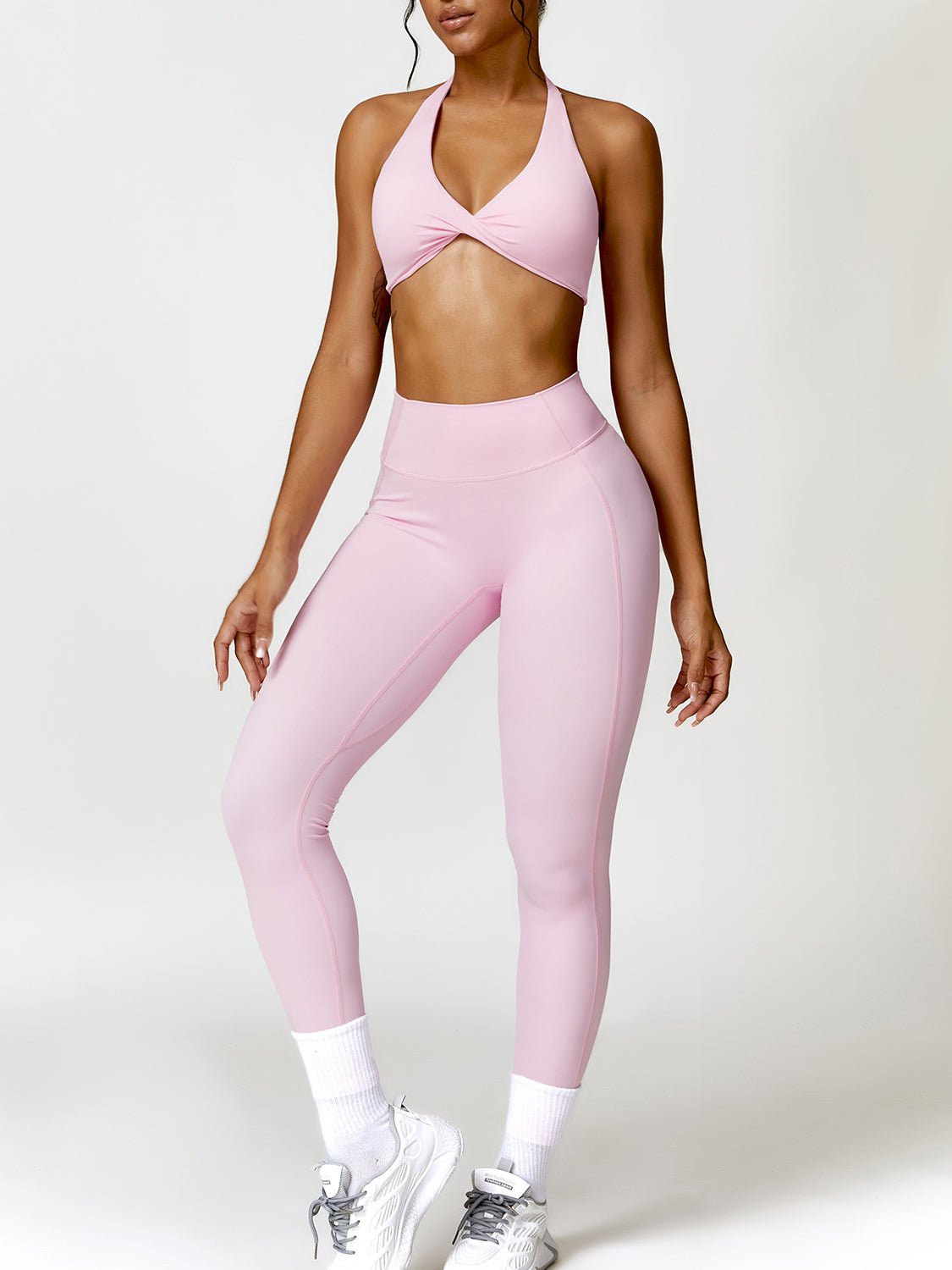 Twisted Halter Sports Bra and High Waist Leggings Set - SKIP - She Keeps It Peachy
