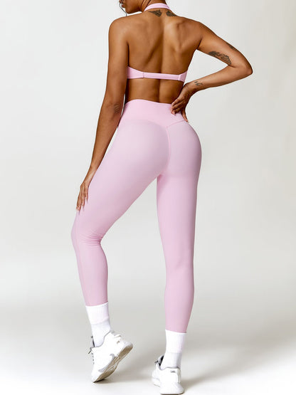 Twisted Halter Sports Bra and High Waist Leggings Set - SKIP - She Keeps It Peachy