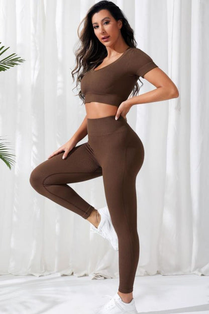 V - Neck Crop Top and High Waistband Long Pants Set - SKIP - She Keeps It Peachy