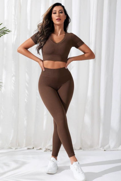 V - Neck Crop Top and High Waistband Long Pants Set - SKIP - She Keeps It Peachy
