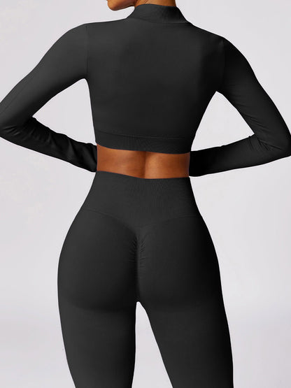 Zip Up Outerwear and High Waist Pants Set - SKIP - She Keeps It Peachy